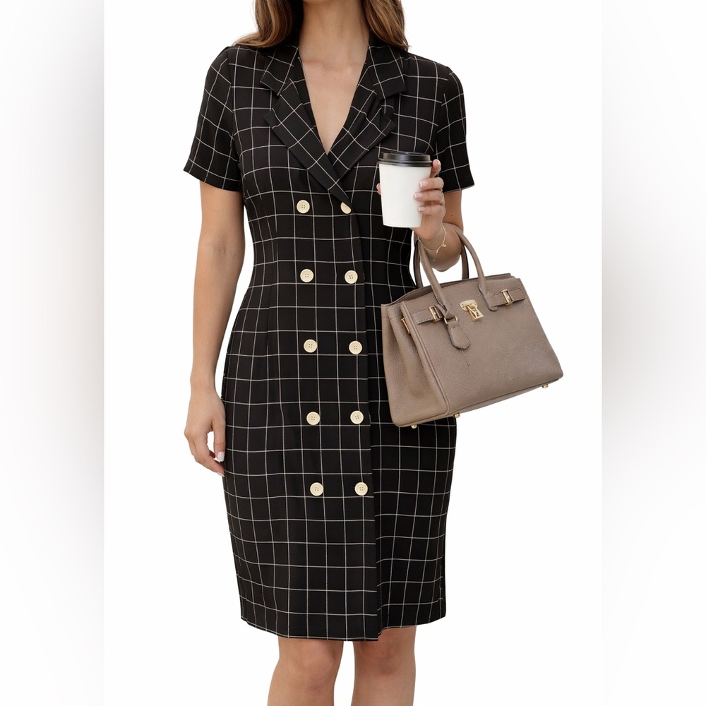 ANDREW HARVEY Vintage Dark Academia Black White Check Midi Dress Buttons Hipster